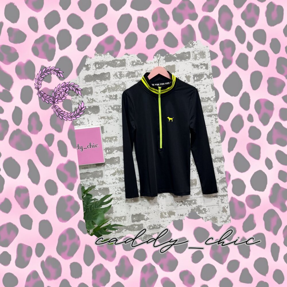 Victoria’s Secret PINK Ultimate 1/2 Zip Workout Top Black Neon Green Size M EUC
